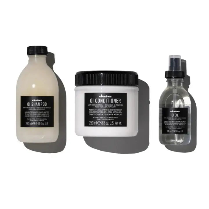 Davines OI Traditional Gift Set with shampoo, conditioner, and oil for shiny, soft, and protected hair.