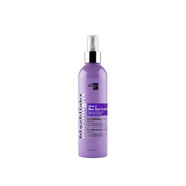 Oligo 18 In 1 Blue Hair Beautifier spray bottle for blonde hair, neutralizes brassiness and provides 18 benefits.