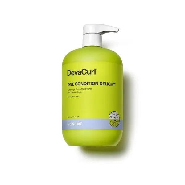 DevaCurl One Condition Delight lightweight cream conditioner for dry, fine curls in a green bottle, 32 fl oz, moisture and frizz control.