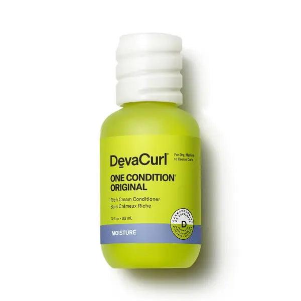 DevaCurl One Condition Original cream for medium to coarse curls, 88ml bottle with moisture-preserving blend.