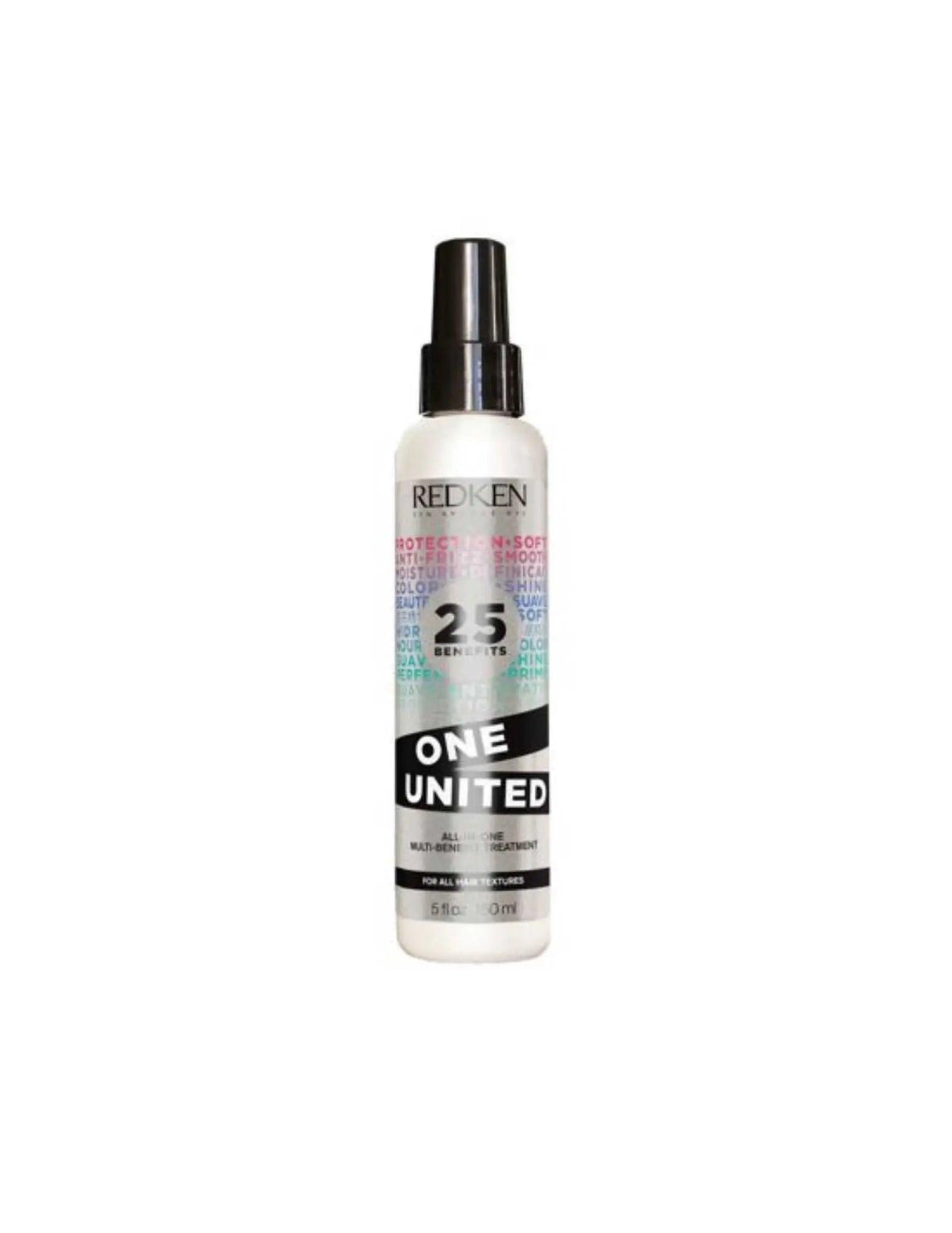 Redken One United hair treatment spray, suitable for all hair types, addressing dryness, damage, frizz, and enhancing manageability.