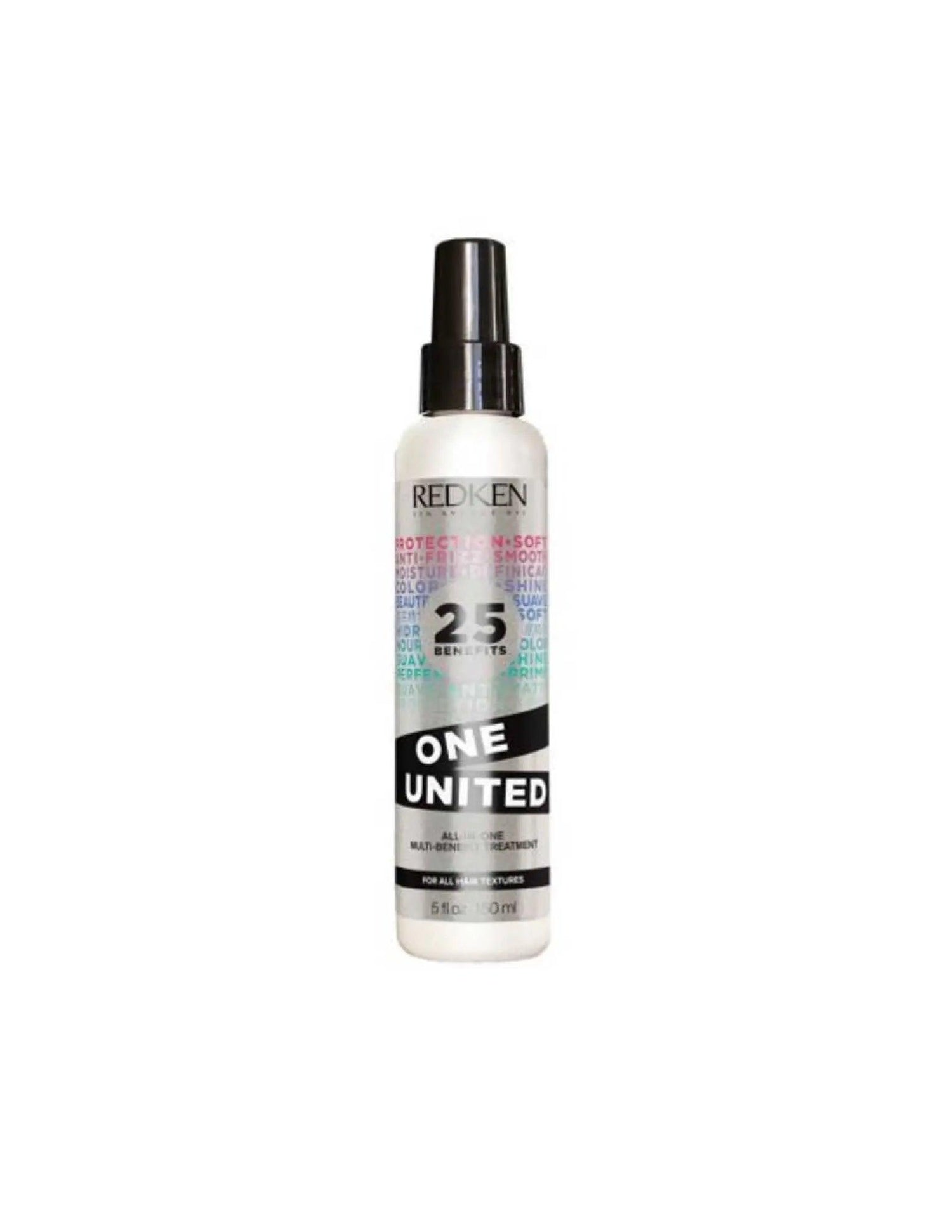Redken One United hair treatment spray, suitable for all hair types, addressing dryness, damage, frizz, and enhancing manageability.