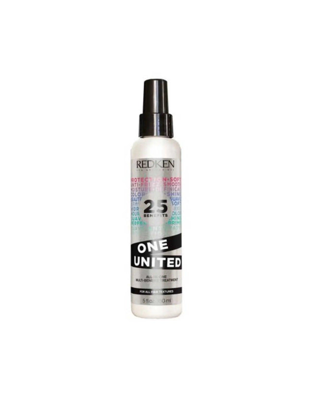 Redken One United hair treatment spray, suitable for all hair types, addressing dryness, damage, frizz, and enhancing manageability.