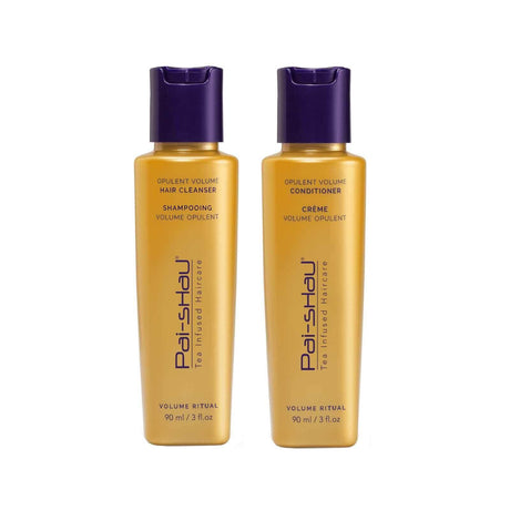 Opulent Volume Hair Cleanser and Conditioner 90ml bottles, featuring ginseng and Tea Complex, promoting healthy hair and fullness.