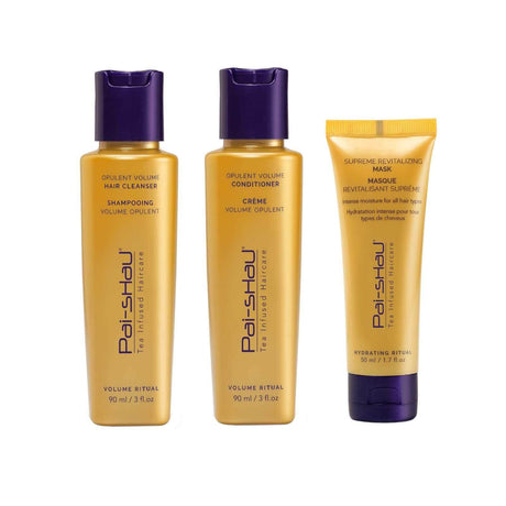 Opulent Volume Ritual Travel Trio: Hair Cleanser, Conditioner, and Supreme Revitalizing Mask for fuller, healthier hair, 90ml each.