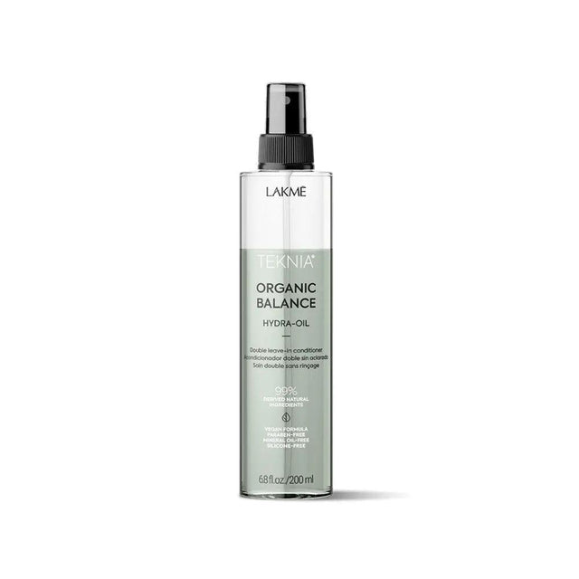 Organic Balance Hydra-oil bottle for hair nourishment and protection with energizing citrus fragrance and antioxidant properties.