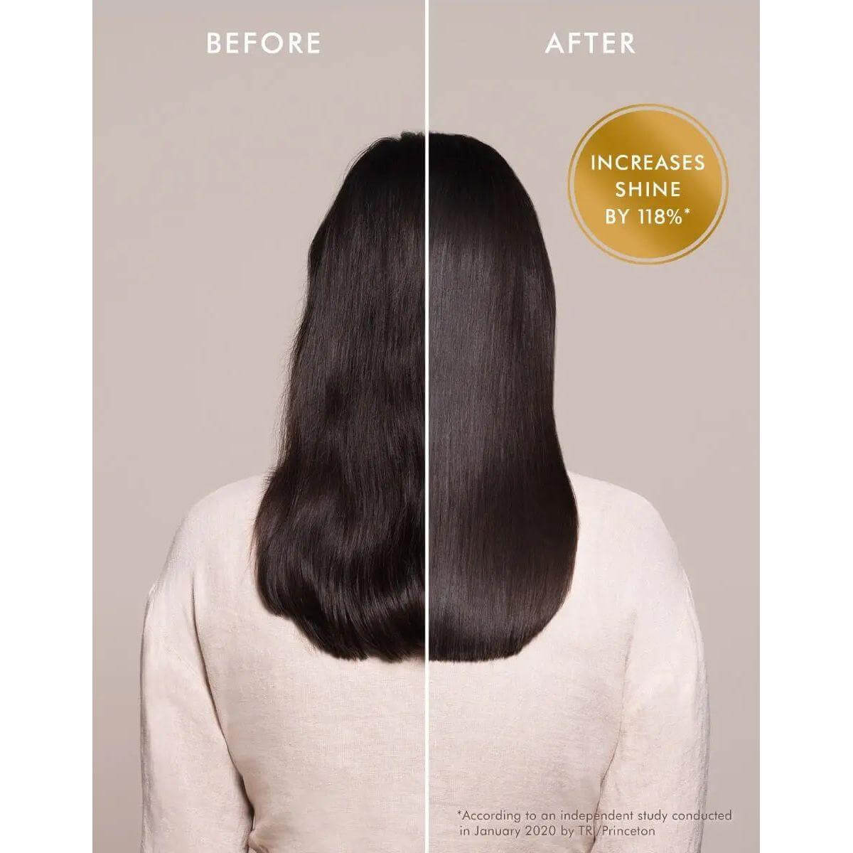 Comparison of hair before and after Moroccan Oil Treatment, showing increased shine and smoothness, enhances shine by 118%.