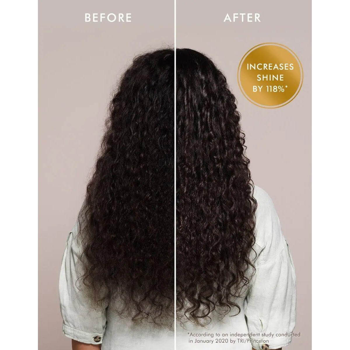 Before and after results of Moroccan Oil Original Hair Treatment showing increased shine and smoother, frizz-free curls.