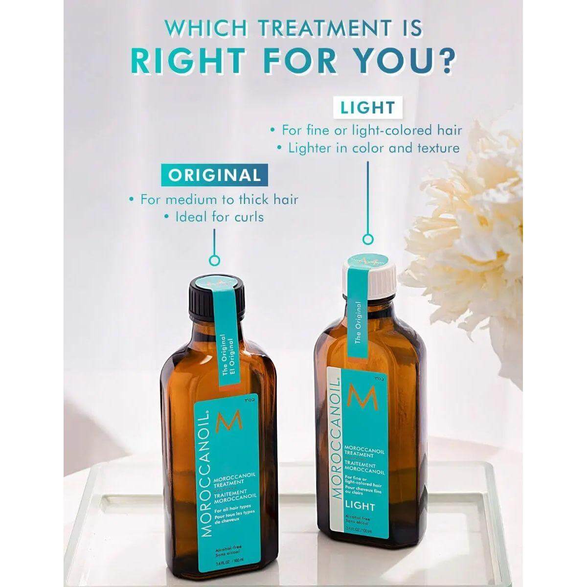 Two bottles of Moroccan Oil Hair Treatment showing options for different hair types: Original for thick hair, Light for fine hair.