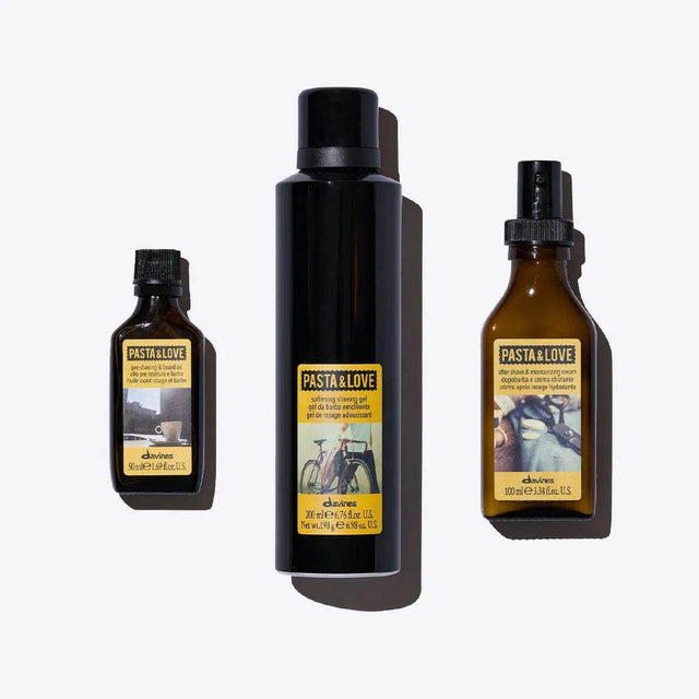 Pasta & Love Set featuring softening shave gel, pre-shave and beard oil, and after shave moisturizing cream for beard care.