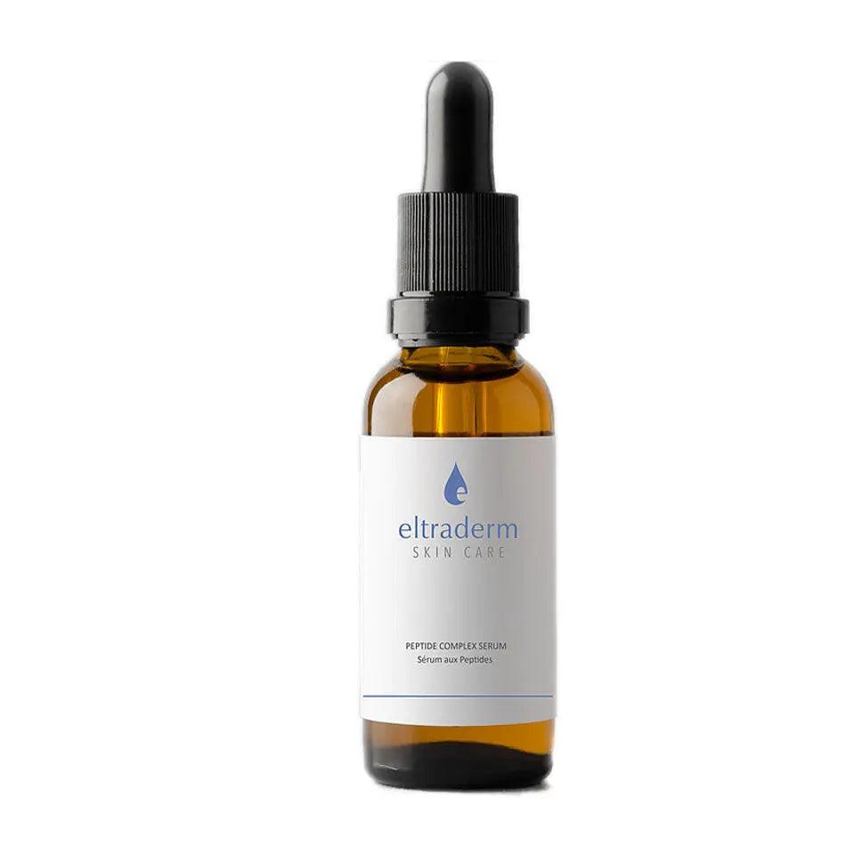 Peptide Complex Serum bottle with anti-aging Tetrapeptides and Sea Fern Extract for hydration and moisture retention.