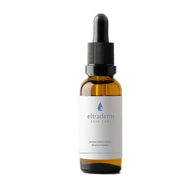 Peptide Complex Serum bottle with anti-aging Tetrapeptides and Sea Fern Extract for hydration and moisture retention.