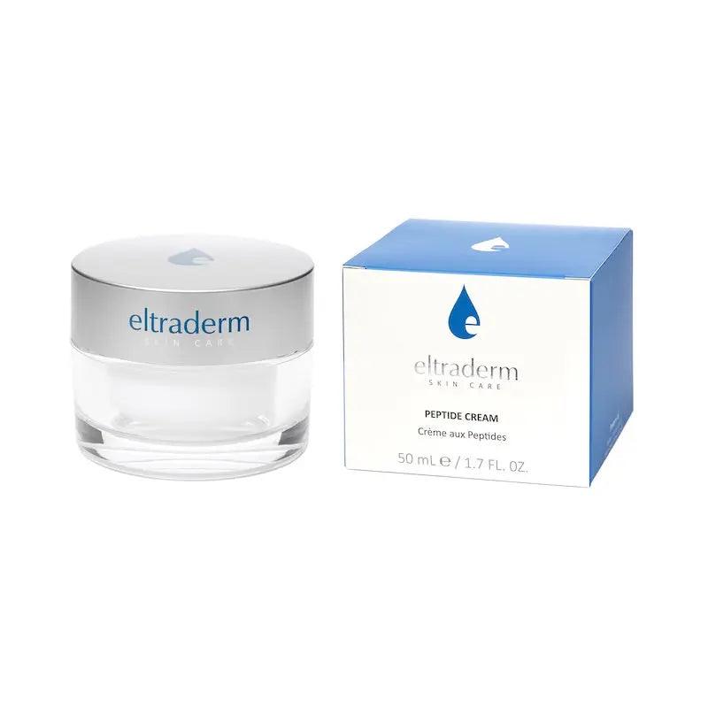 50ml jar of peptide cream by eltraderm alongside its box, offering hydration and anti-aging benefits for normal to dry skin.