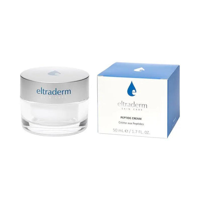 50ml jar of peptide cream by eltraderm alongside its box, offering hydration and anti-aging benefits for normal to dry skin.