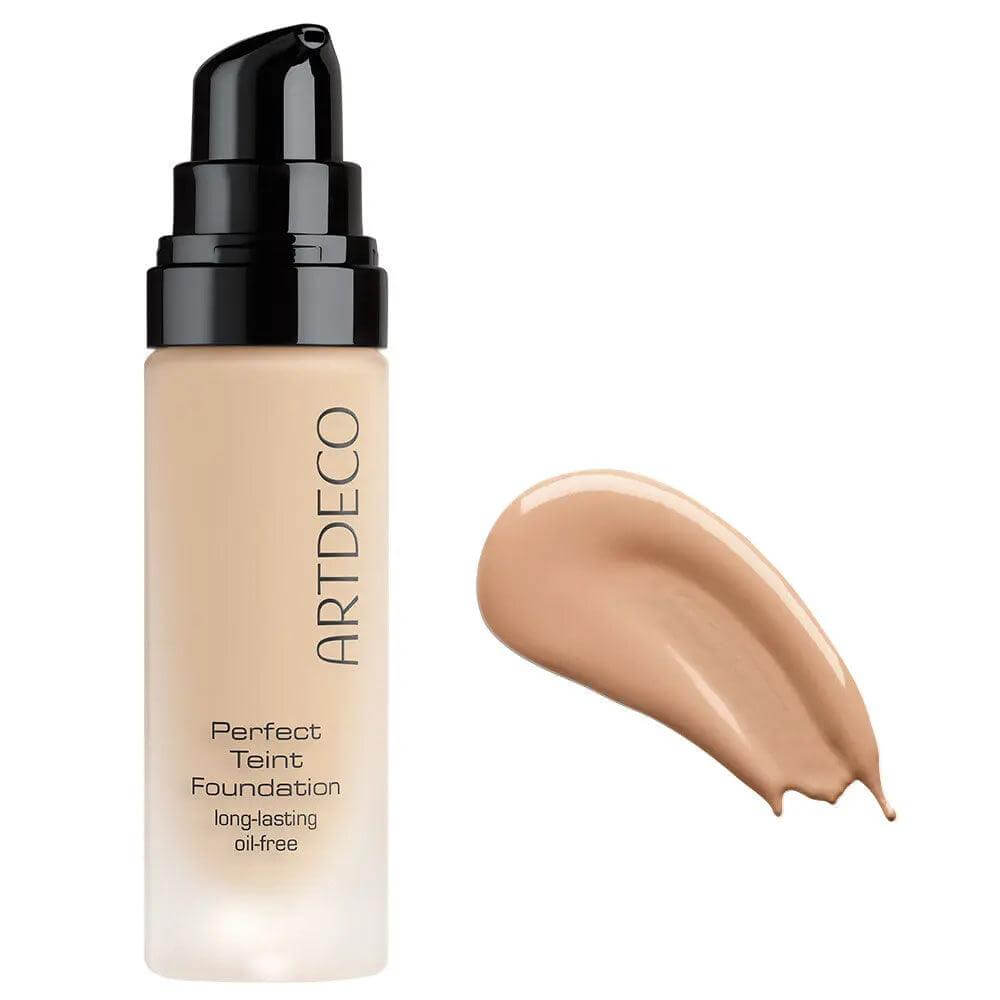 ARTDECO Perfect Teint Foundation bottle with a swatch, showcasing a long-lasting, oil-free formula for flawless complexion coverage.