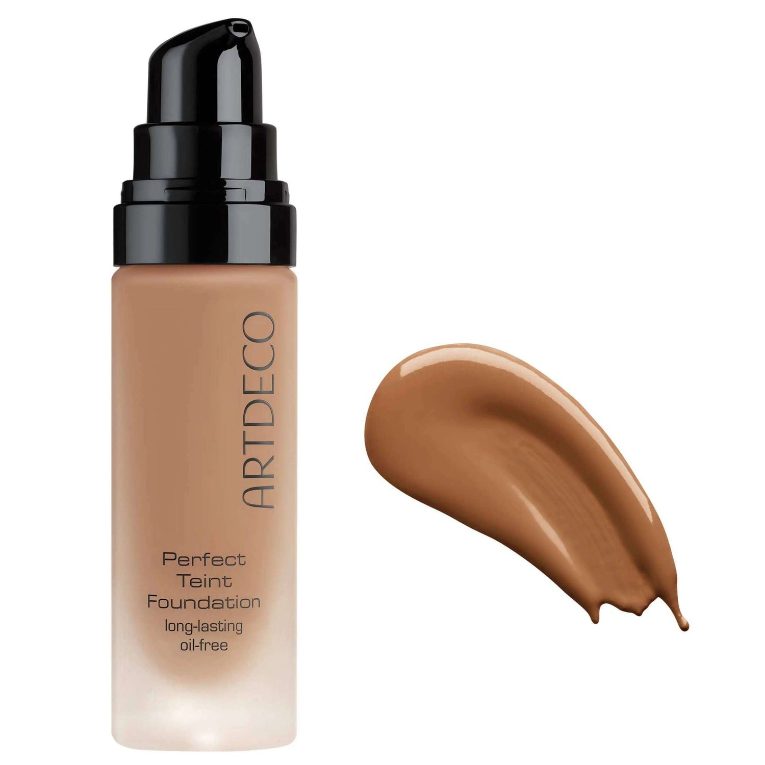 Artdeco Perfect Teint Foundation bottle and swatch, showcasing long-lasting, oil-free formula for a flawless complexion.