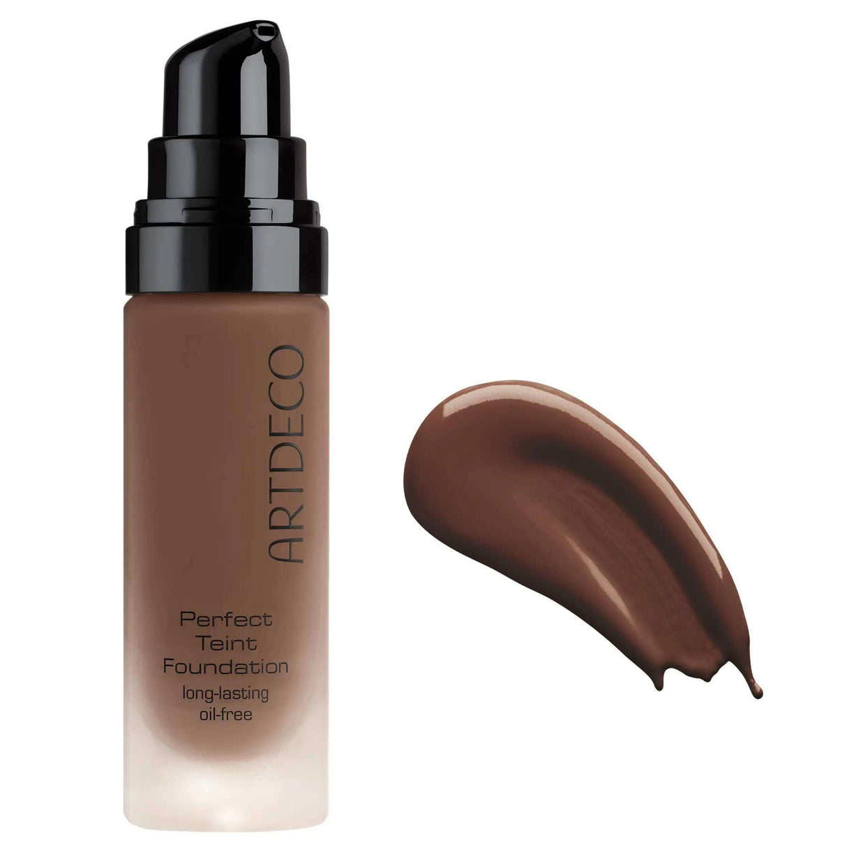 ARTDECO Perfect Teint Foundation bottle and swatch, long-lasting, oil-free formula for a flawless complexion in dark shade.
