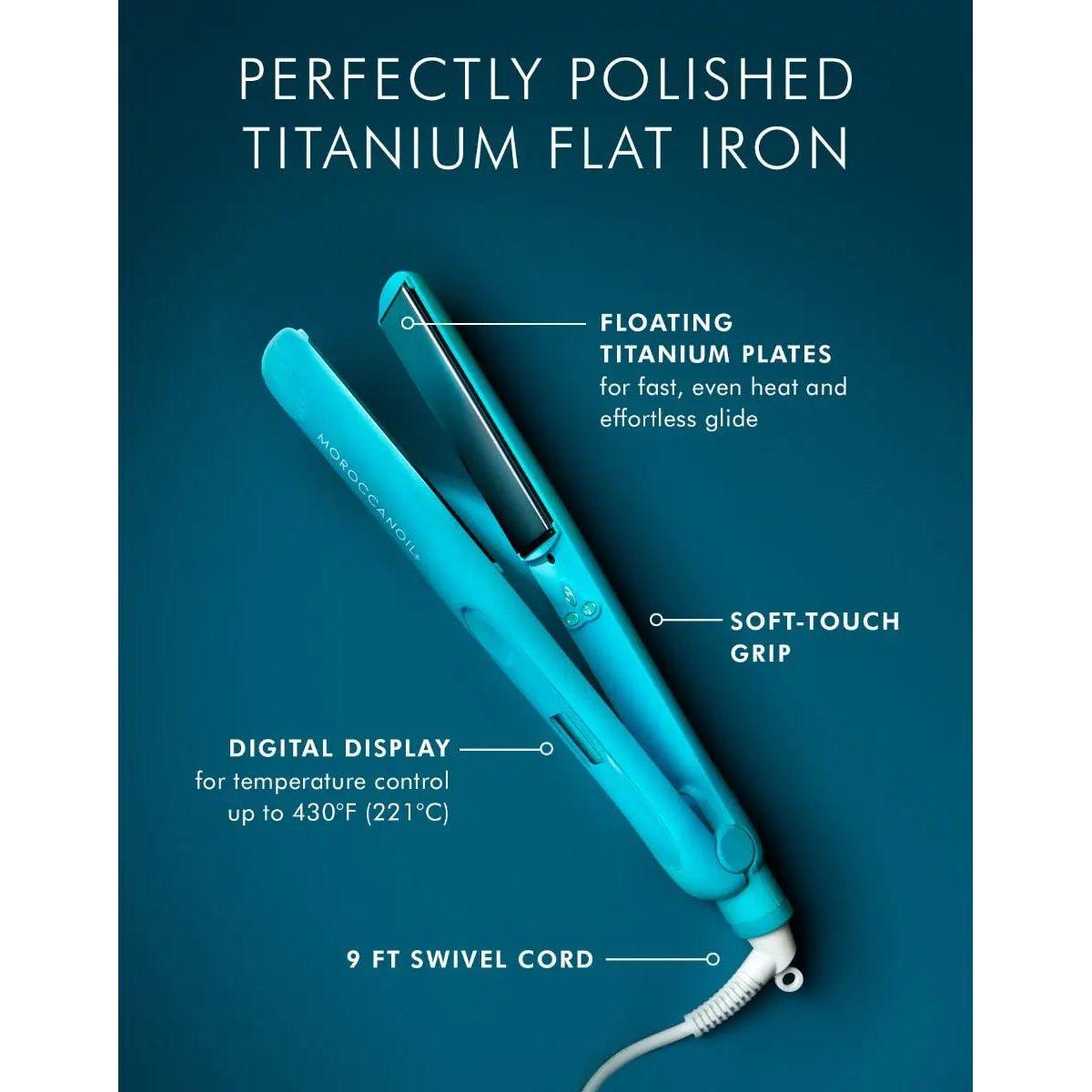 Perfectly Polished Titanium Flat Iron with advanced heating, digital display, and 9 ft swivel cord for smooth, frizz-free styling.