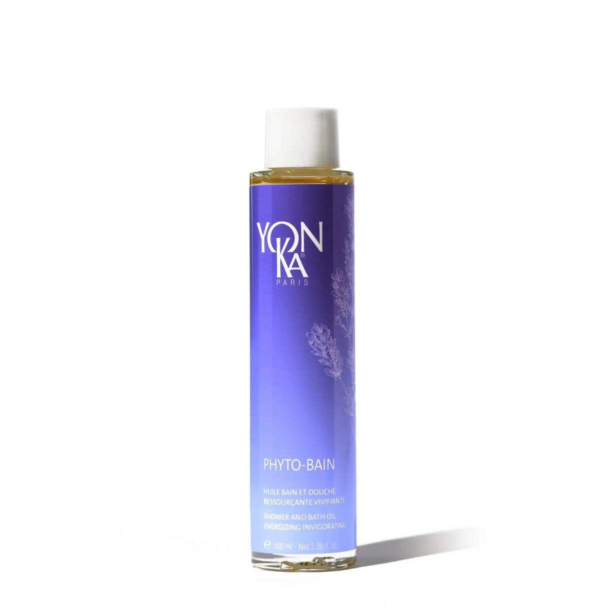 Yonka Phyto Bain aromatic bath oil bottle for relaxation, suitable for all skin types, alleviating stress and dryness.