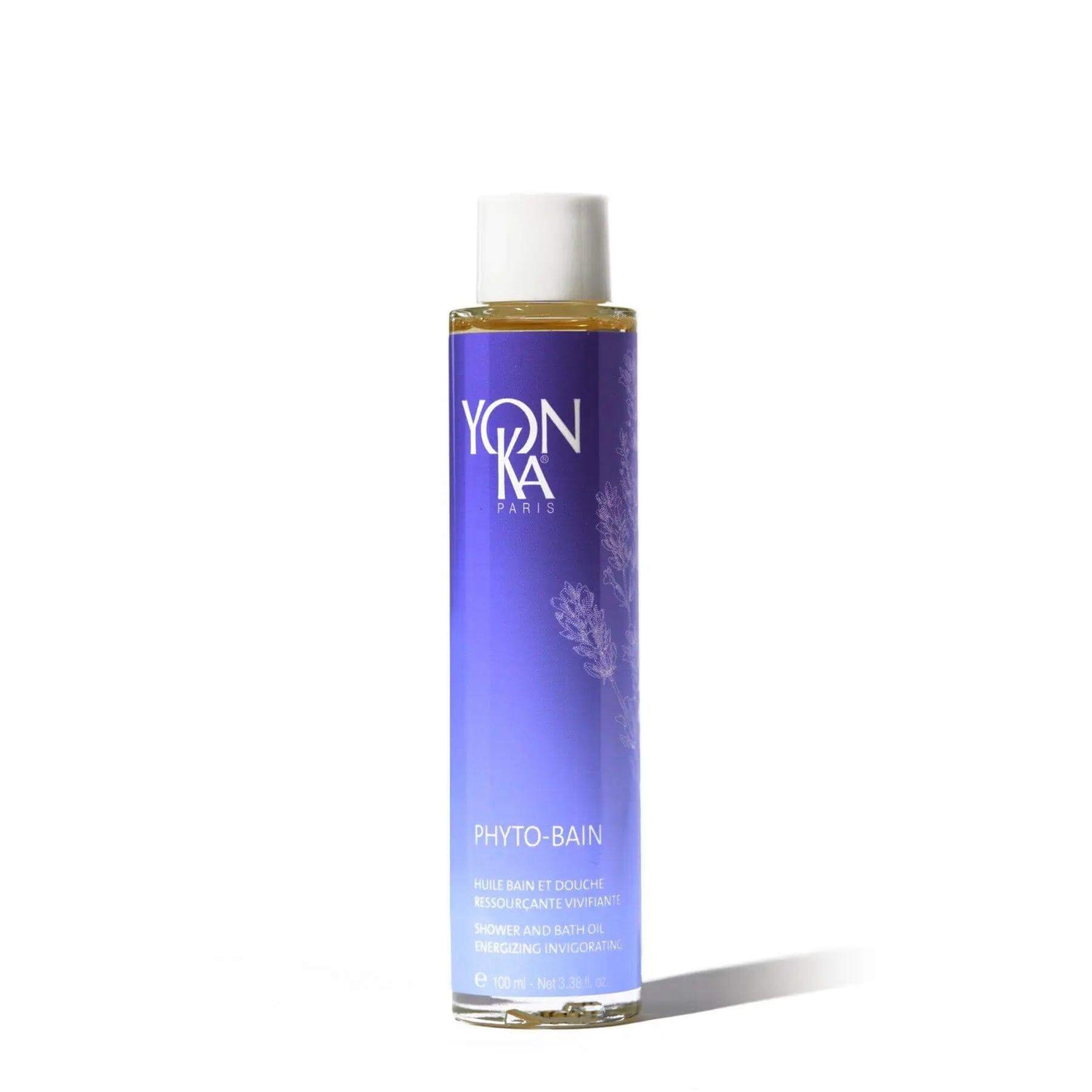 Yonka Phyto Bain aromatic bath oil bottle for relaxation, suitable for all skin types, alleviating stress and dryness.