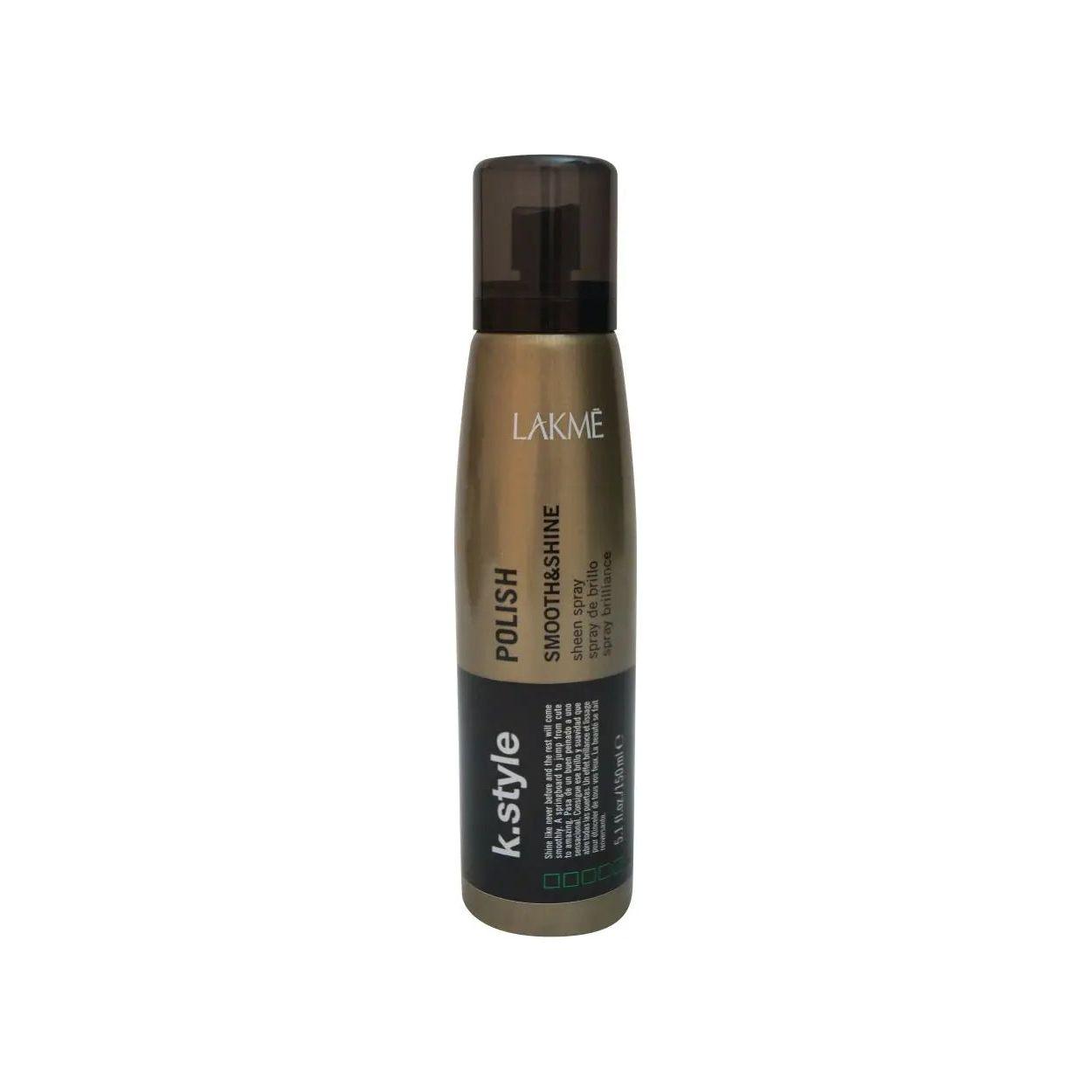 Lakme Polish Sheen Spray bottle with Grape Seed Antioxidant, UV protection, and green woody fragrance for long-lasting shine.