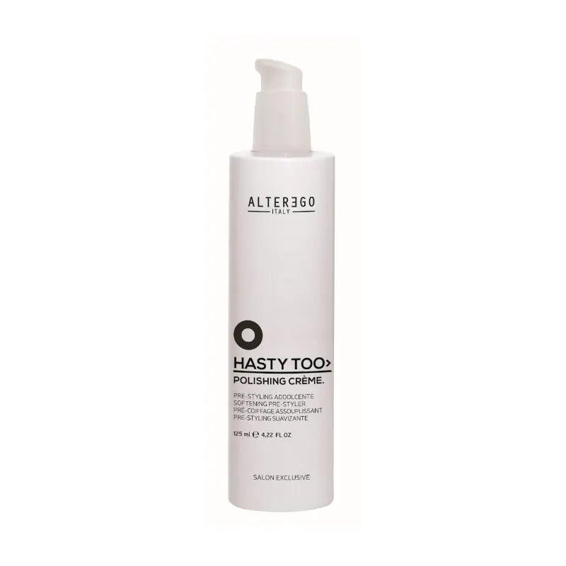 Bottle of Alter Ego Italy Hasty Too Polishing Cream for shiny, silky hair finish and texture improvement.