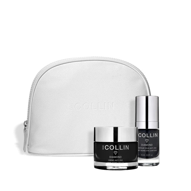 Luxurious Precious Wishes set with diamond cream, eye contour, and vegan leather pouch for youthful, radiant skin.