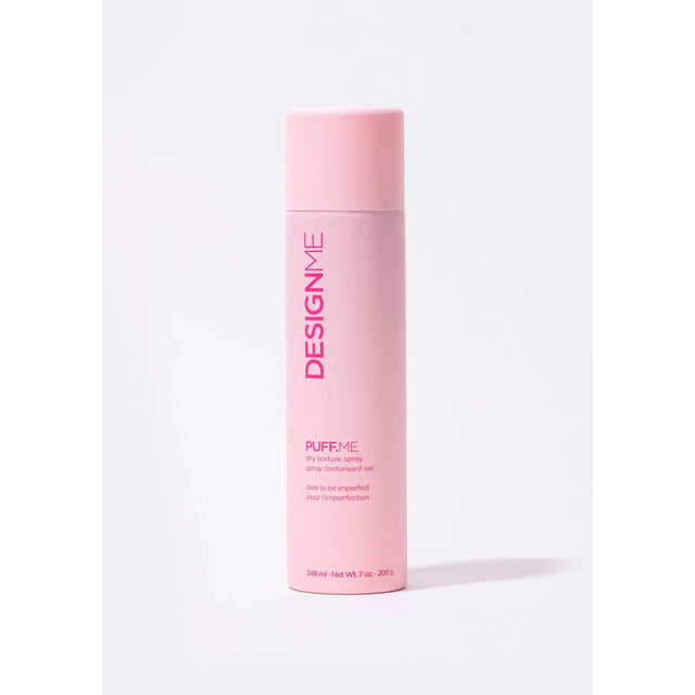 Puff.Me Dry Texture Spray for instant volume and light texture, flexible hold, in a pink bottle - designed by DESIGNME.