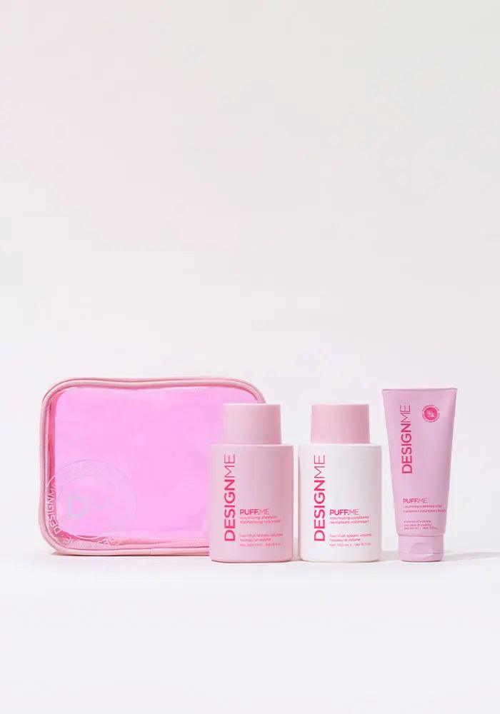 PUFF.ME Volume Glitz Kit with three volumizing hair products and a pink bag, designed for soft, healthy, weightless shine and volume.