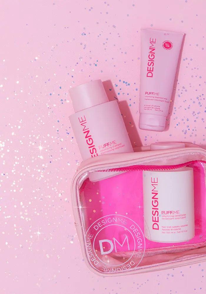 PUFF.ME Volume Glitz Kit with shampoo, conditioner, and styling spray in a pink glittery bag.