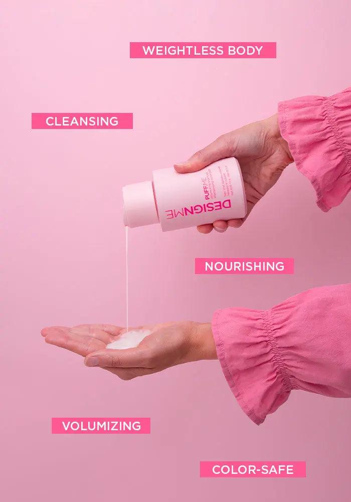 PUFF.ME Volume Glitz Kit with volumizing and nourishing formula for weightless body, cleansing, and color-safe hair care.
