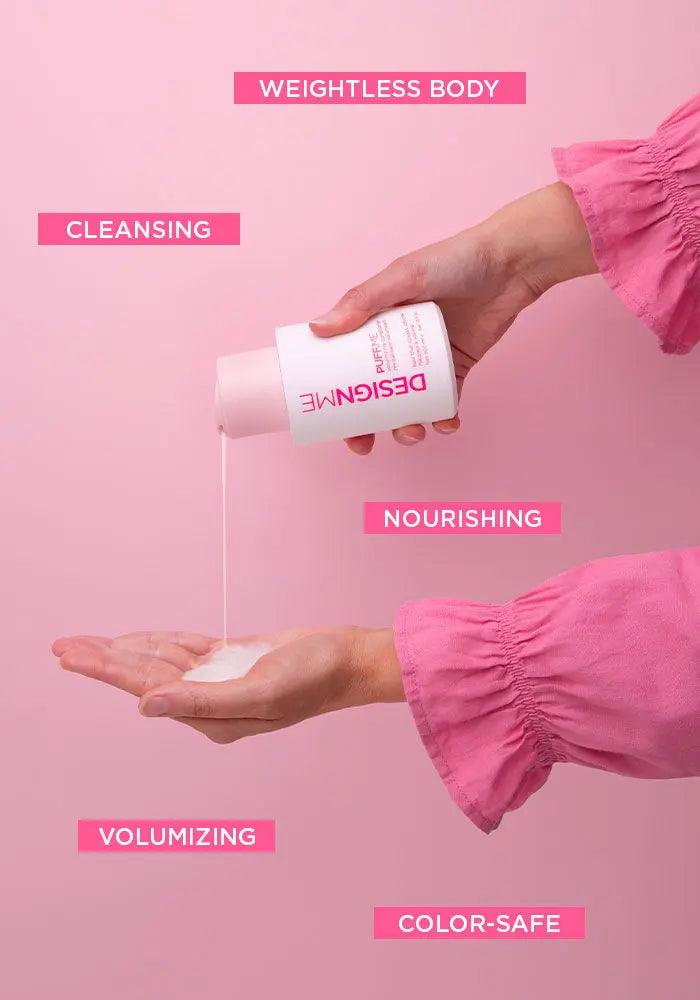 PUFF.ME Volume Glitz Kit showing volumizing shampoo with weightless, nourishing, color-safe formula being poured onto hand.