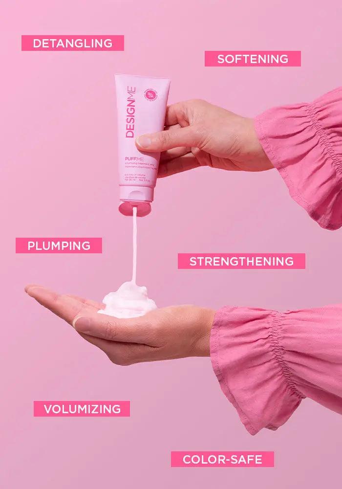 Person using PUFF.ME volumizing product with benefits like detangling, softening, plumping, volumizing, strengthening, and color-safe.