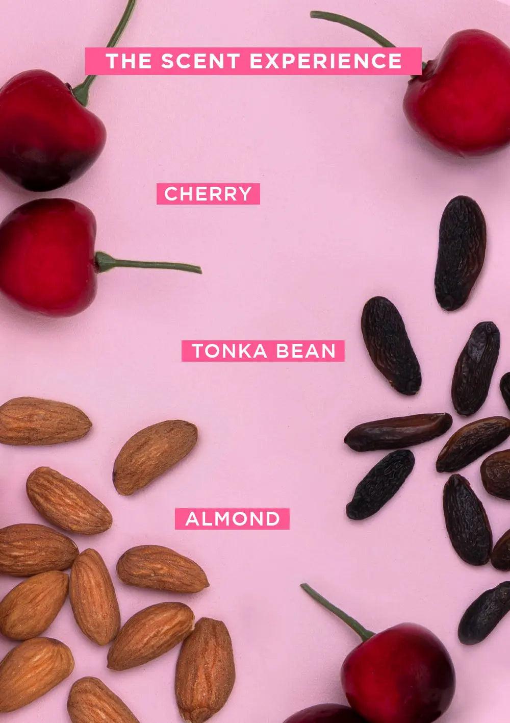 Cherry, tonka bean, and almond scent experience on a pink background. Highlighting fragrance notes for a unique sensory experience.