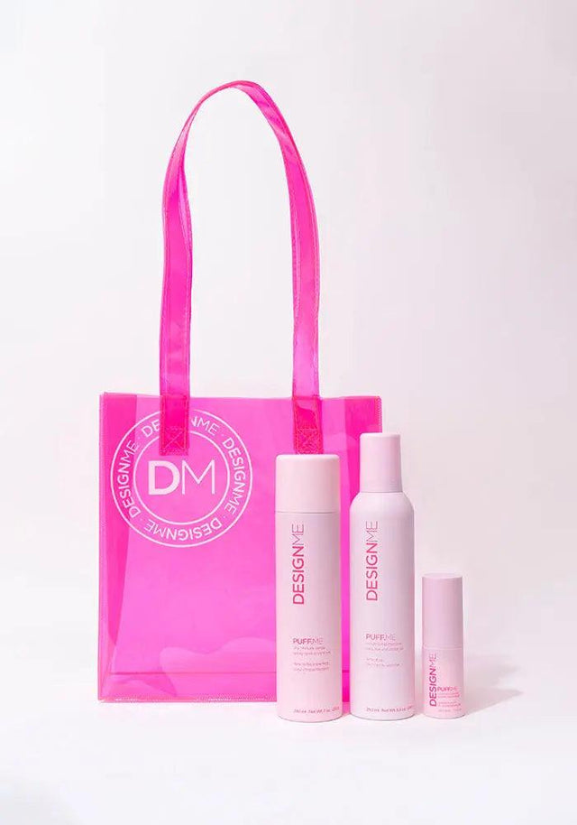 PUFF.ME Volume Glow & Go Kit with volumizing mousse and styling products in pink bag