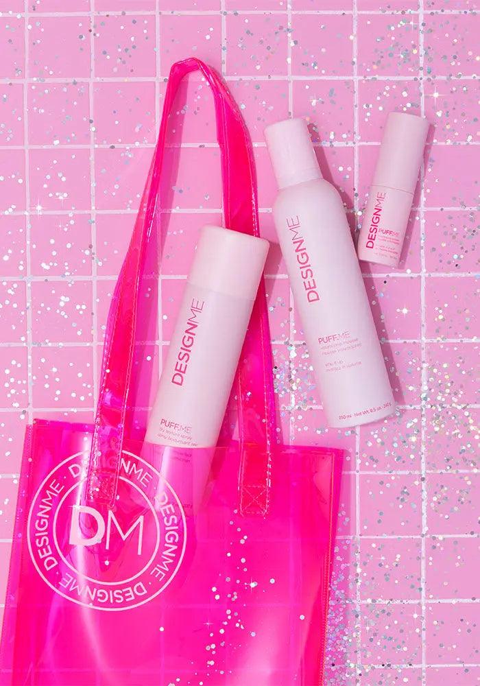 PUFF.ME Volume Glow & Go Kit with volumizing mousse, displayed on a pink, glittery background.