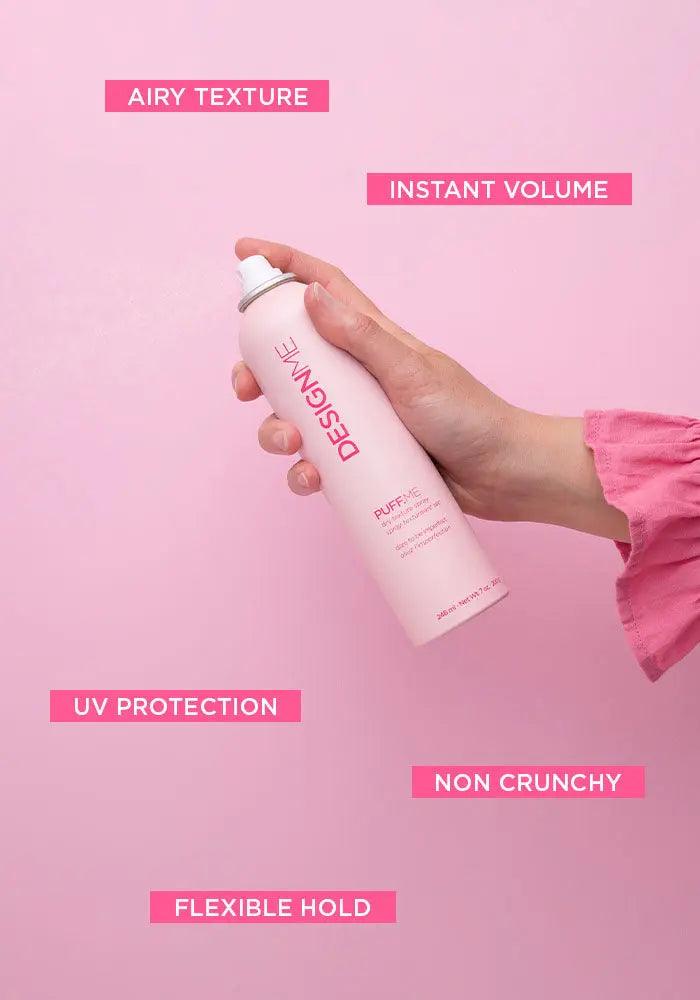 Hand holding PUFF.ME volumizing mousse against pink background; features include airy texture, instant volume, UV protection, flexible hold.