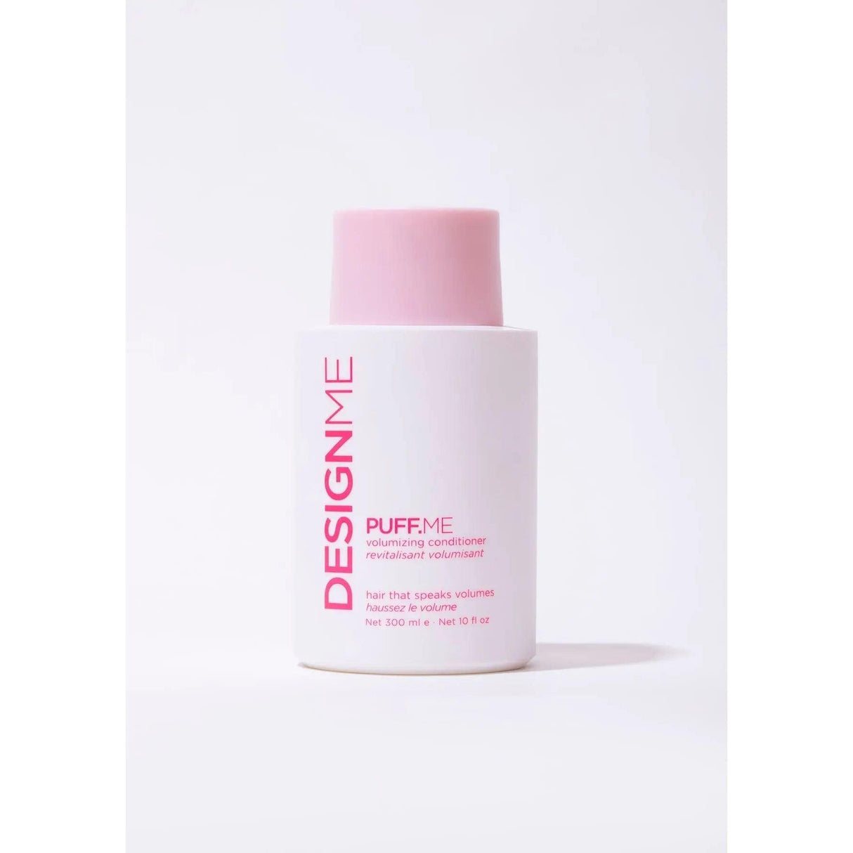 Puff.Me Volumizing Conditioner for lift and detangle, featuring pink lid and white bottle, 300 ml.