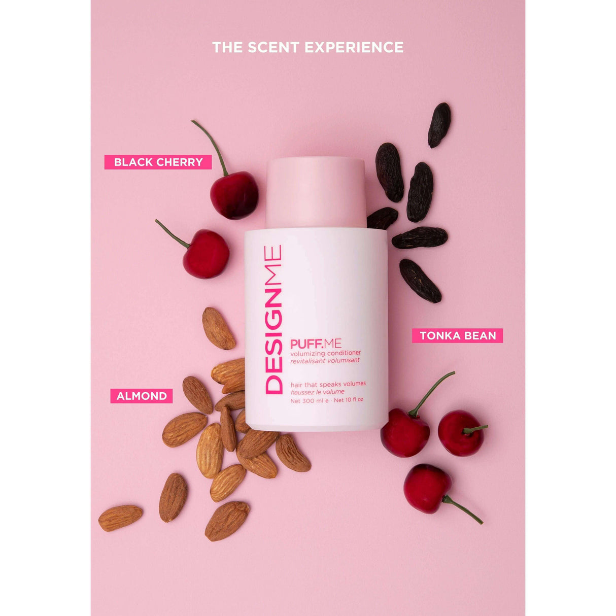 Puff.Me Volumizing Conditioner bottle with black cherry, tonka bean, and almond, set against a pink background promoting scent experience.