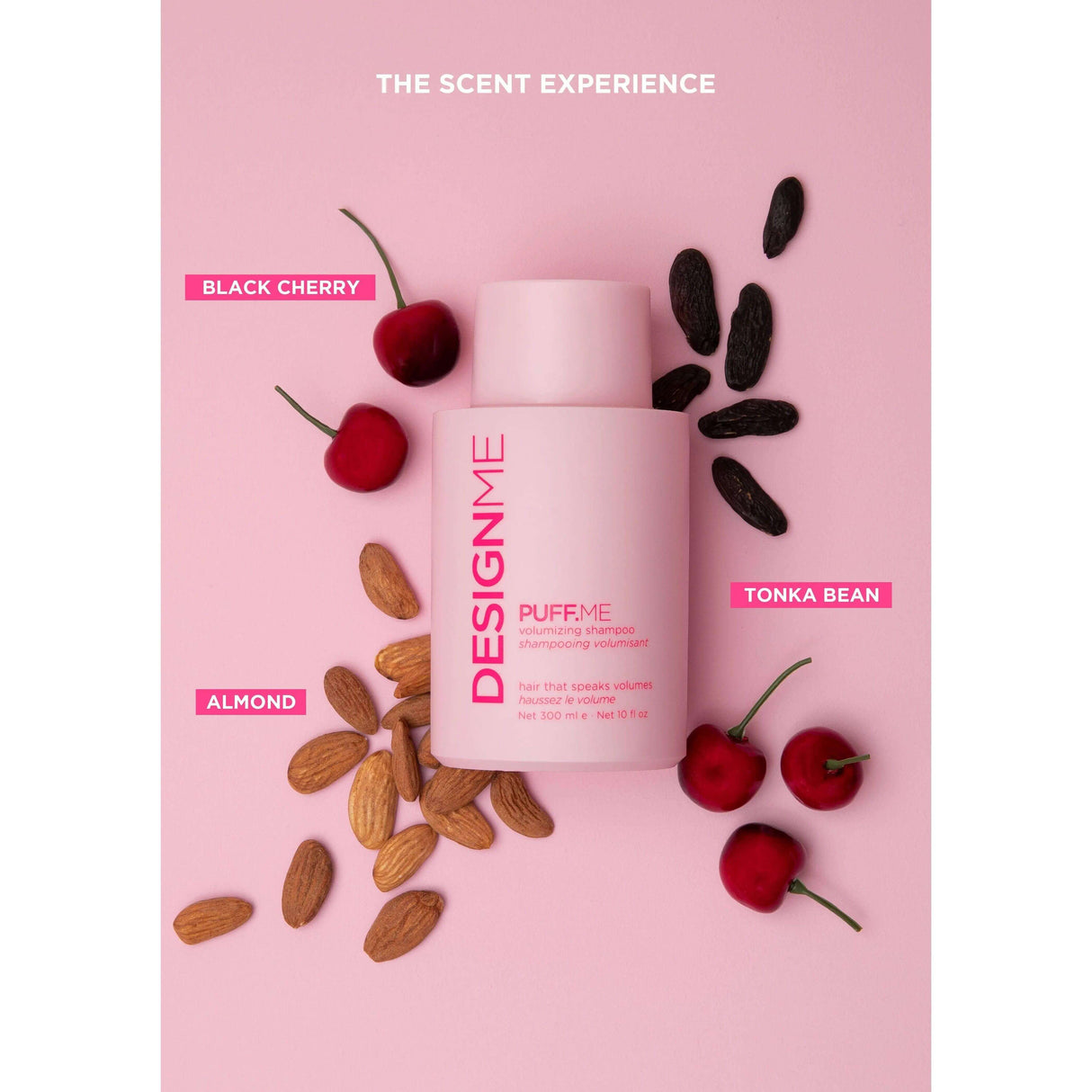 Puff.Me Volumizing Shampoo with black cherry, almond, and tonka bean scents, offering weightless volume and vibrant hair.