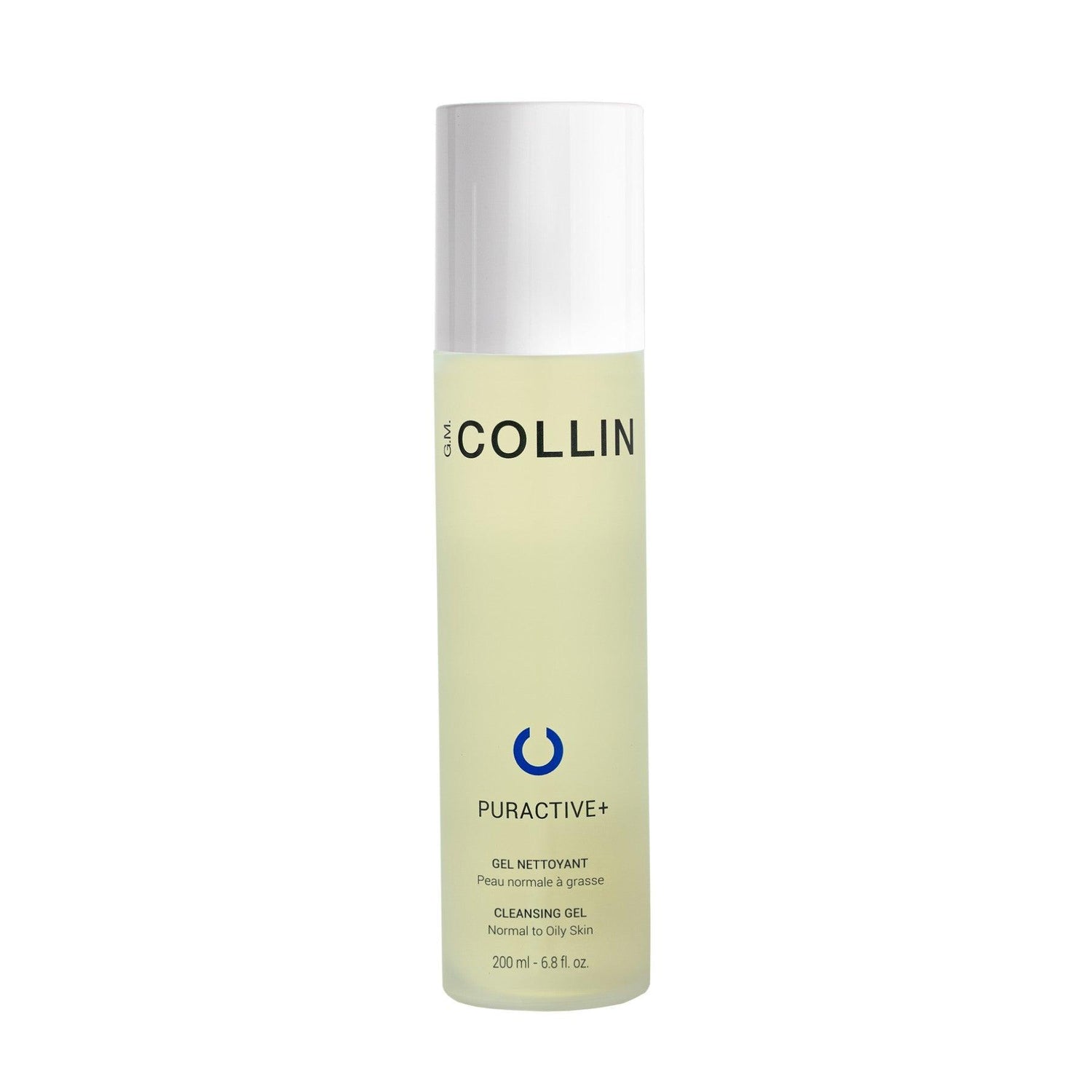 Puractive + Cleansing Gel for sensitive skin, eliminates impurities and sebum, detergent-free, 200ml bottle.