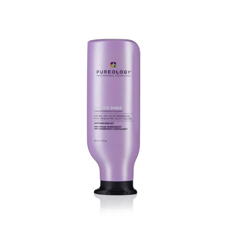 Pureology Hydrate Sheer Conditioner for fine, color-treated hair in a purple bottle, enriched with Peppermint and Corn Mint Oils.