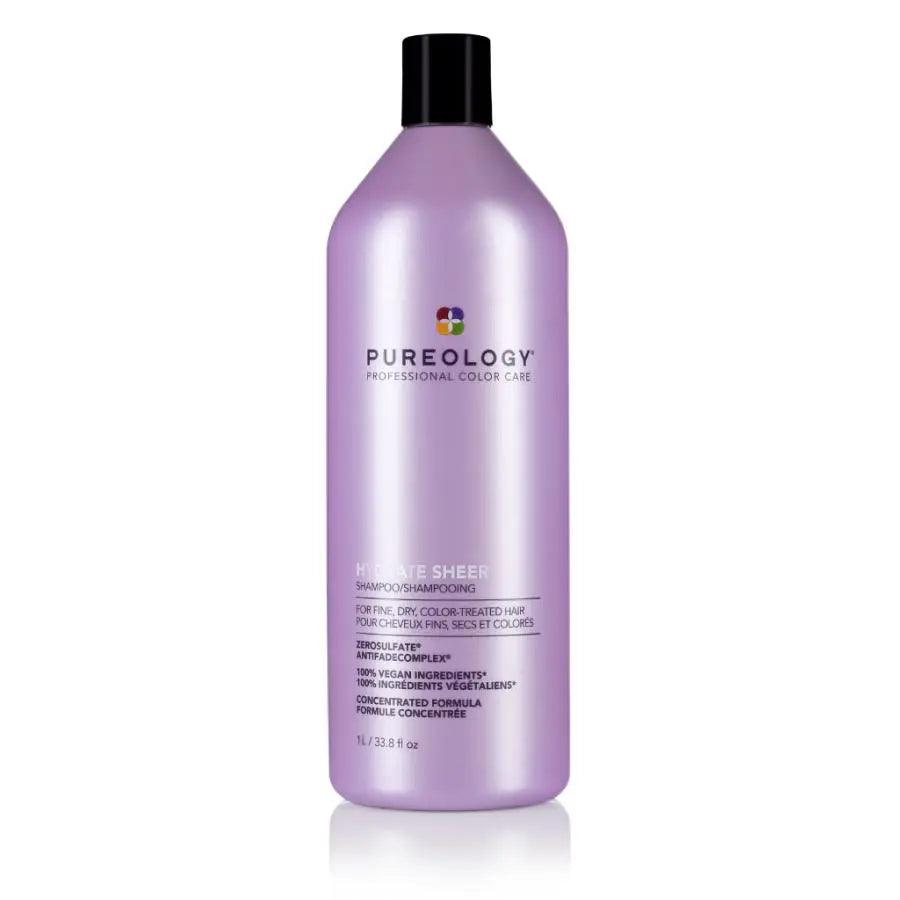 Pureology Hydrate Sheer Shampoo bottle with peppermint and corn mint aroma, silicone-free, lightweight moisturizing hair care product.