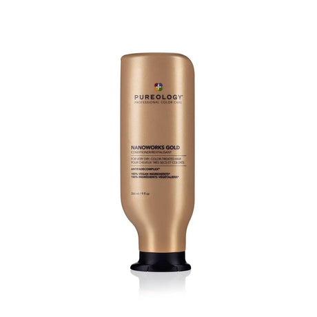 Bottle of Pureology Nano Works Gold Conditioner for hydrated and renewed color-treated hair.