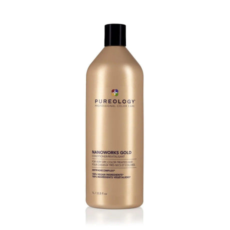 Pureology Nano Works Gold Conditioner for color-treated hair, offering hydration and renewal in an 11.3 fl oz bottle.