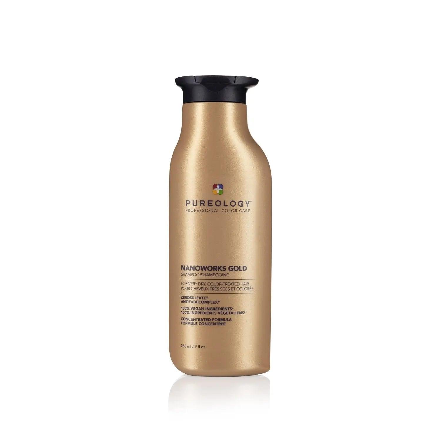 Bottle of Pureology Nano Works Gold Shampoo for enhancing manageability and shine with lightweight formula.