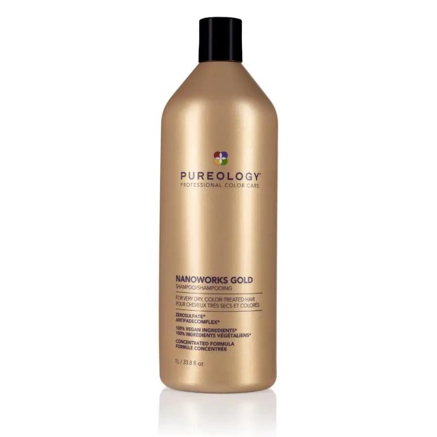 Pureology Nano Works Gold Shampoo 1L bottle for enhanced manageability and shine in color-treated hair.