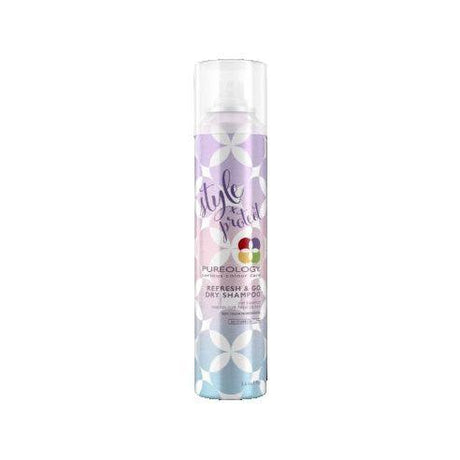 Bottle of Pureology Refresh & Go Dry Shampoo for oil absorption and effortless styling, suitable for color-treated and natural hair.