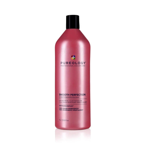Pureology Smooth Perfection Conditioner for color-treated hair, detangles and enhances manageability, enticing violet, clove, and musk aroma.