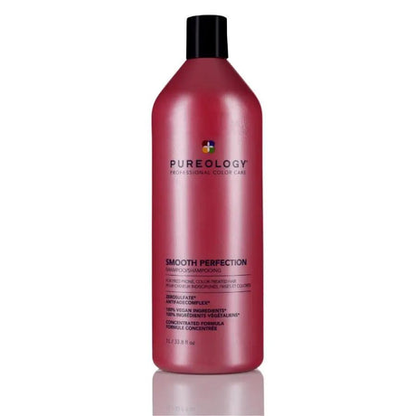 Bottle of Pureology Smooth Perfection Shampoo for color-treated hair with violet, clove, and musk scent, 33.8 fl oz size.